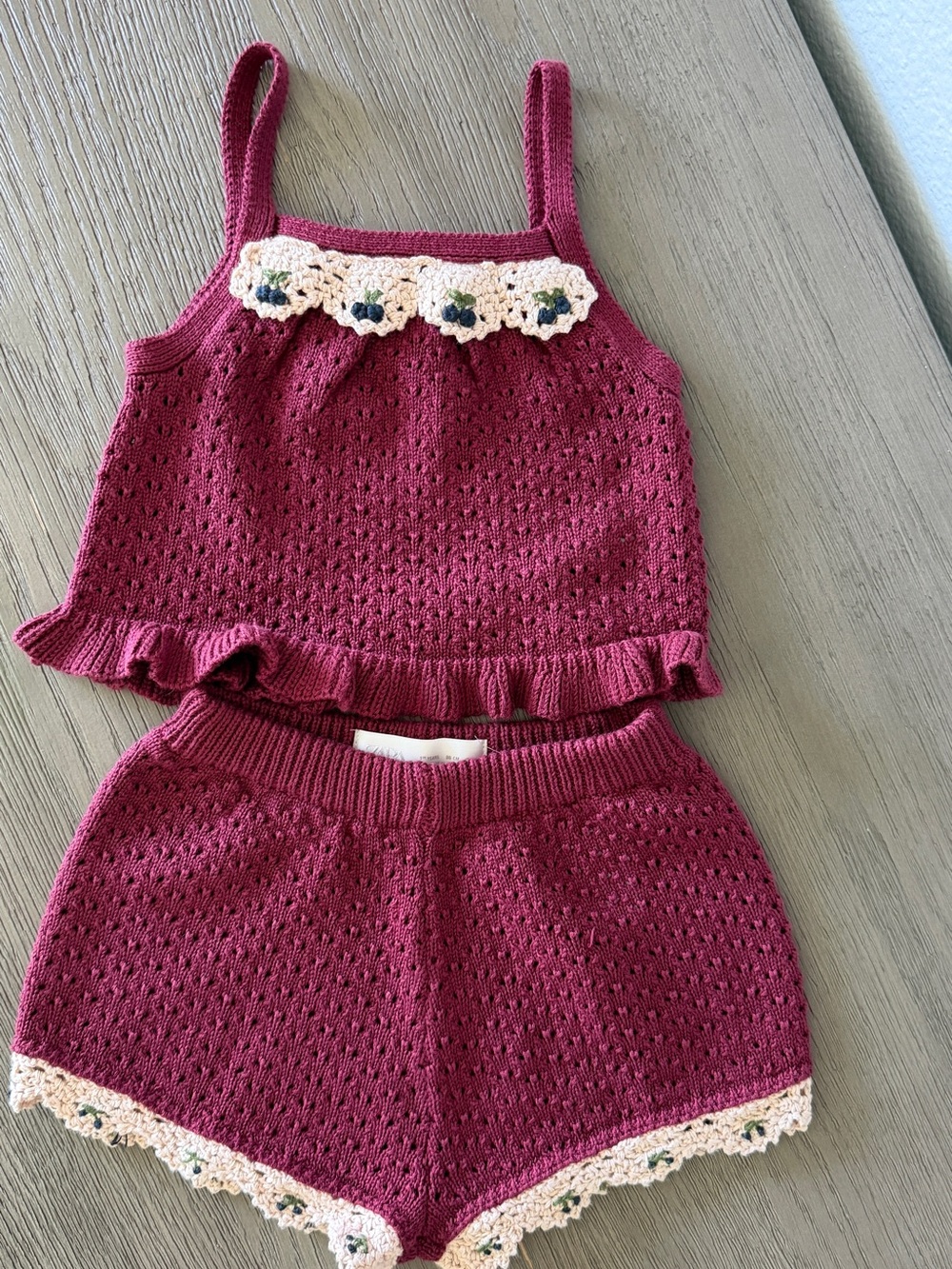 Zara Girls Knit Tank & Shorts Set in Berry with Crochet Trim size 1 1/2